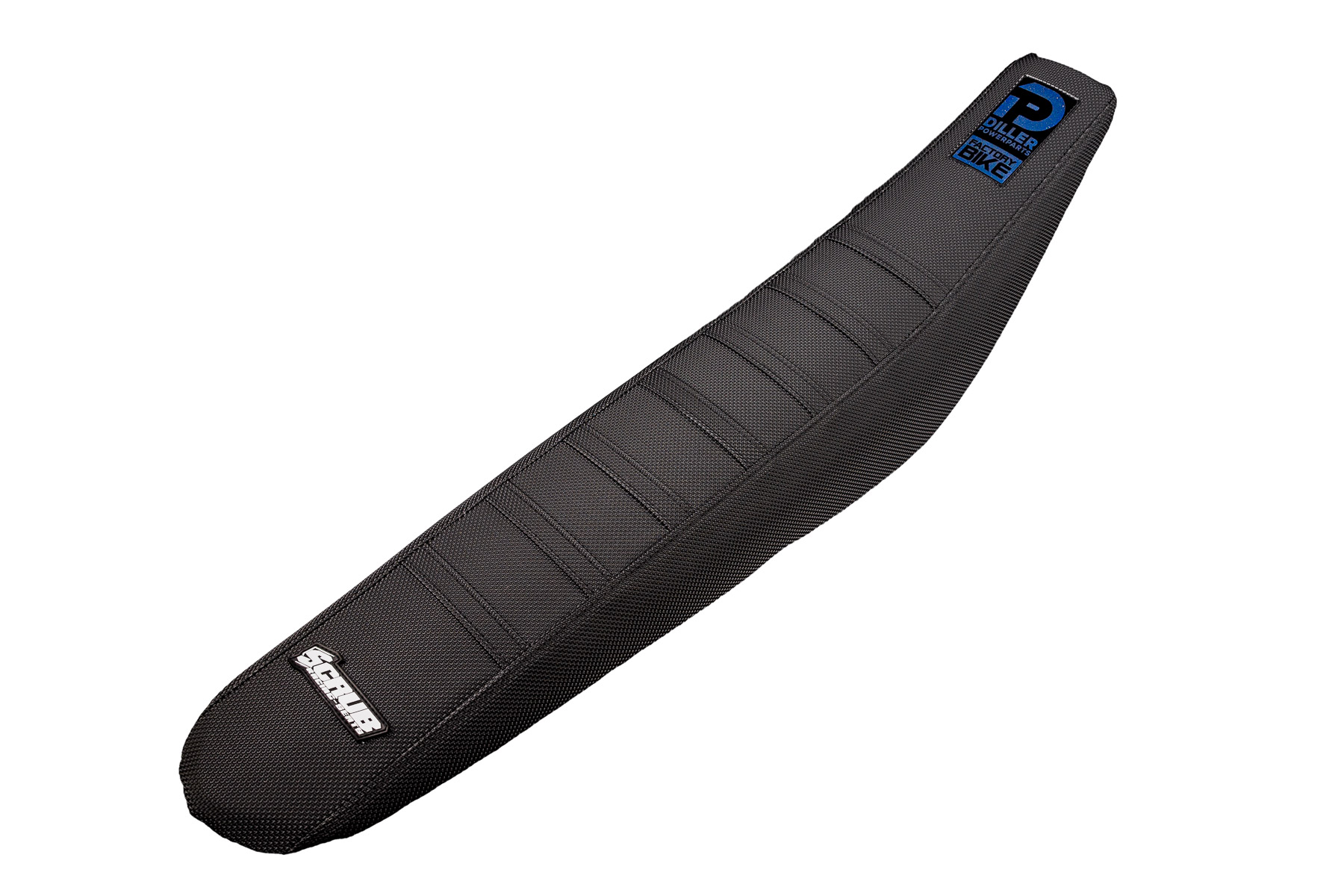 Factory Sitzbankbezug im Diller Powerparts Design passend für KTM, Husqvarna, Gas Gas und Beta Motocross und Enduromodelle | Logo in Blau Chrom