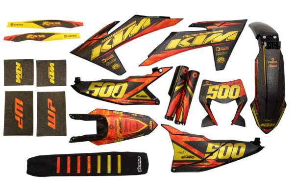 Dekor auf Plastiks beklebt passend für KTM EXC EXCF 2024 – 2025 inkl. Sitzbankbezug und Gabelschutz –Set