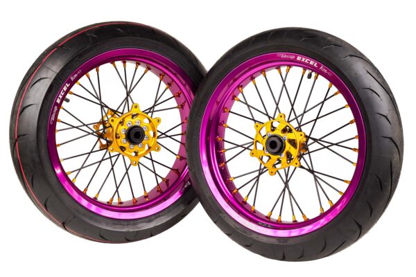 Excel Felgensatz G2 Series | Supermoto Felgen | Lila – Gold passend für KTM, Husqvarna, Gas Gas und Stark Varg