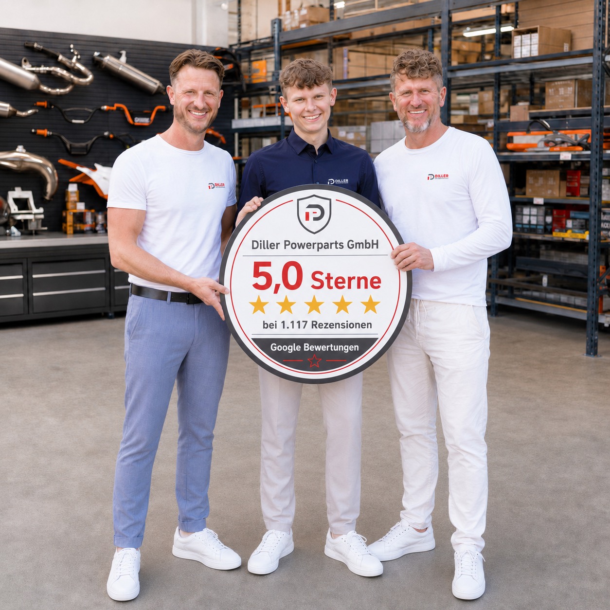Christian, Fabian et Patrick Diller &ndash; conseillers personnels chez Diller Powerparts &agrave; l'atelier