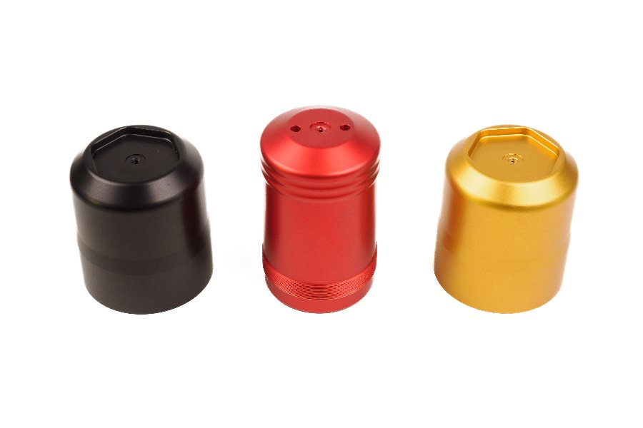 Damper housing and reservoir anodized in black, red and gold