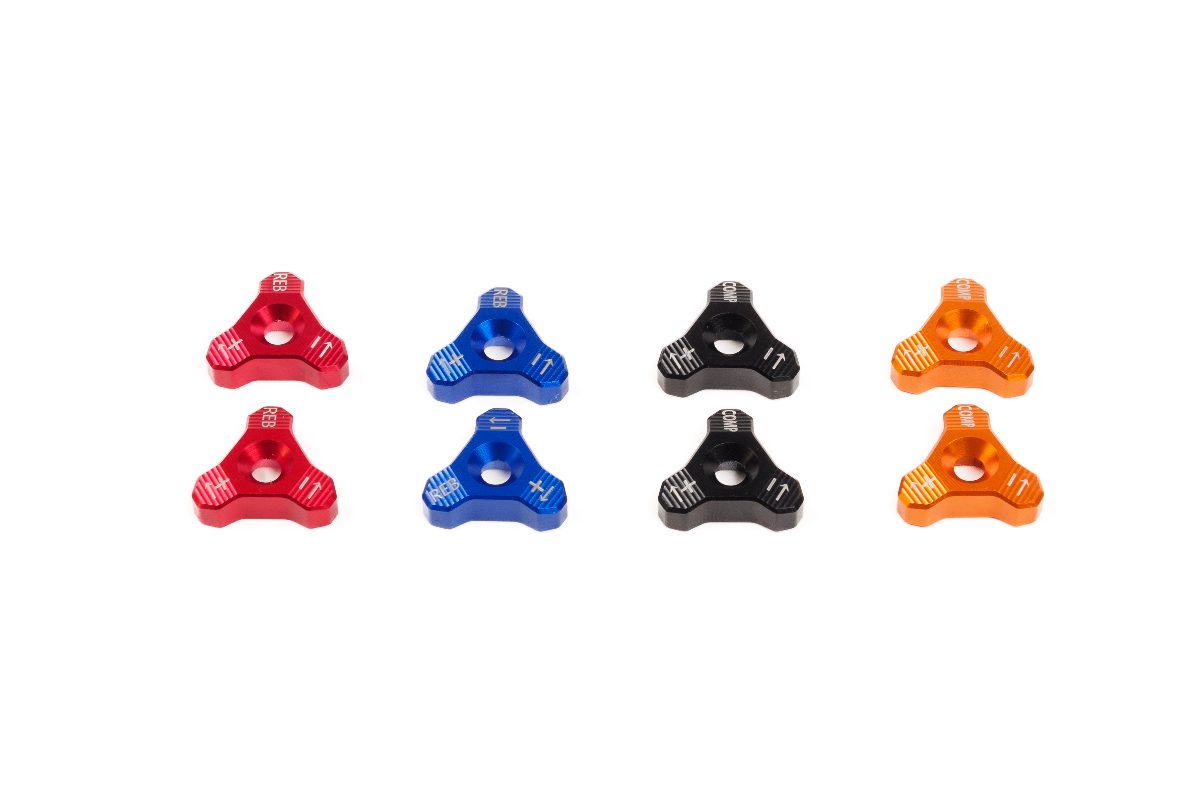 Anodized adjusters for rebound and compression in red, blue, black, orange