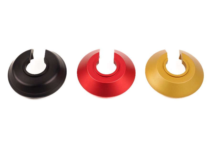 Anodized spring plates in black, red and gold