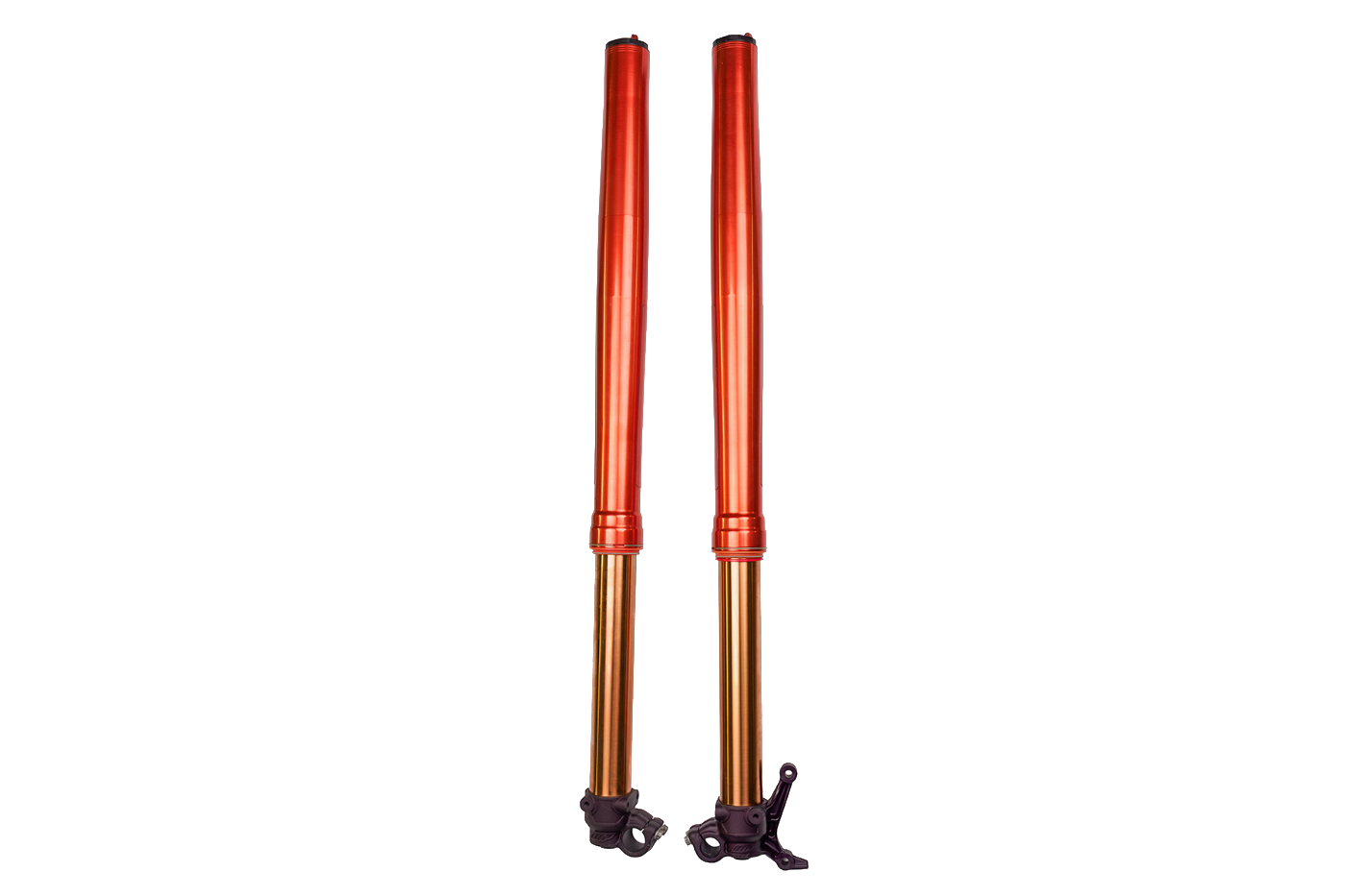 Red anodized Supermoto fork with gold-coated inner tubes