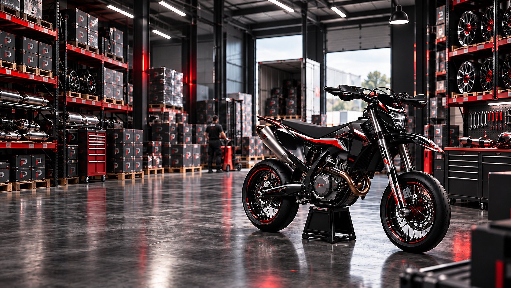 Stock B2B Diller Powerparts avec supermoto, jantes, syst&egrave;mes d'&eacute;chappement et livraison pour revendeurs et ateliers