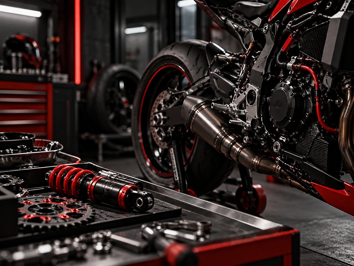 Atelier de performance et de tuning avec moto, amortisseur et pignon