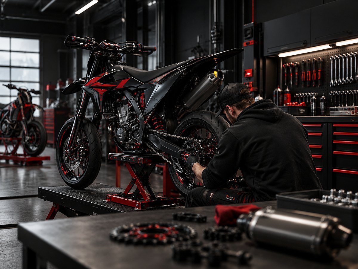 Atelier de moto lors du montage d'une Supermoto &ndash; Pi&egrave;ces B2B de Diller Powerparts