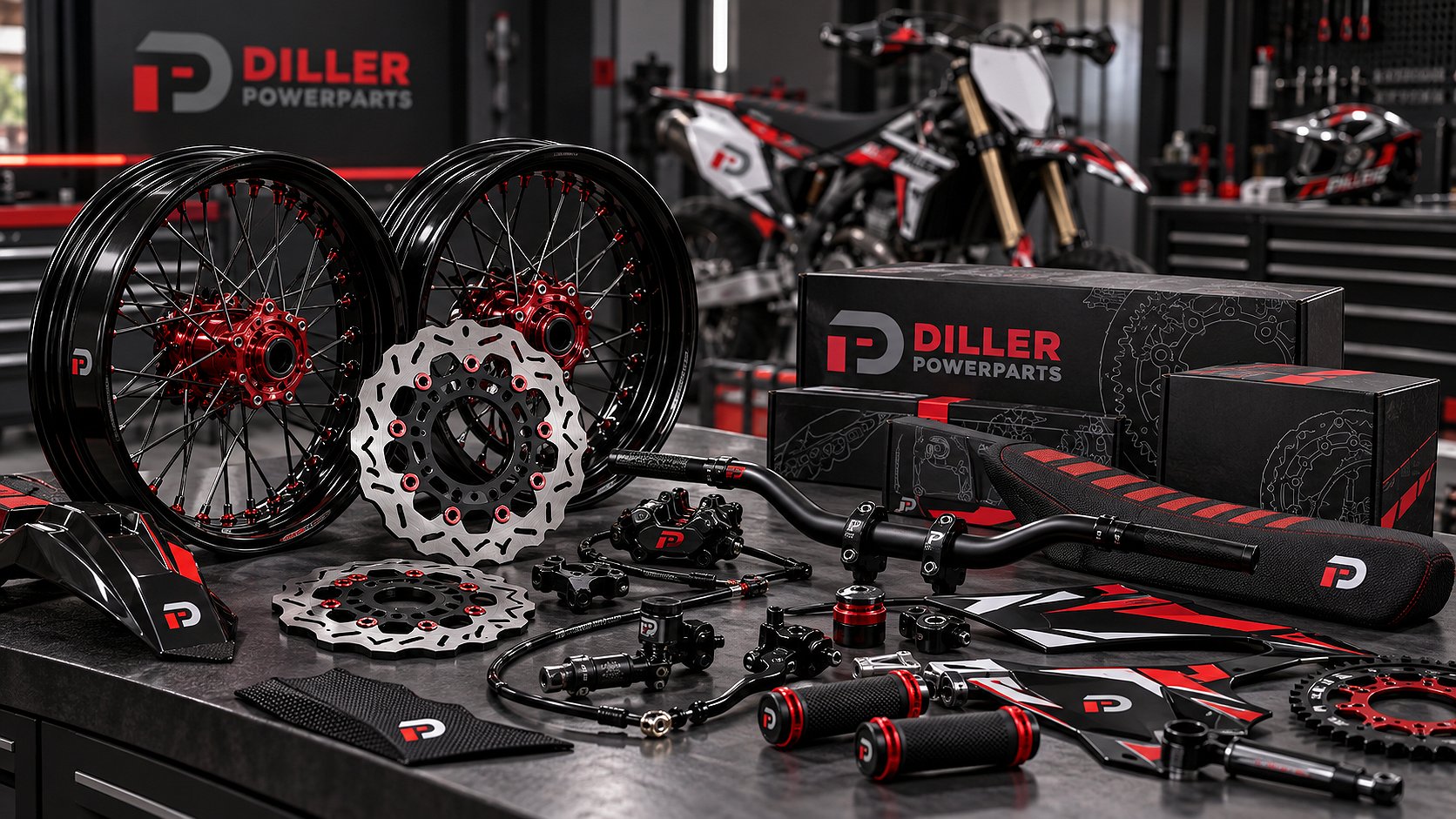 Jantes supermoto, disques de frein, guidons, selle et pi&egrave;ces de Diller Powerparts pour les revendeurs