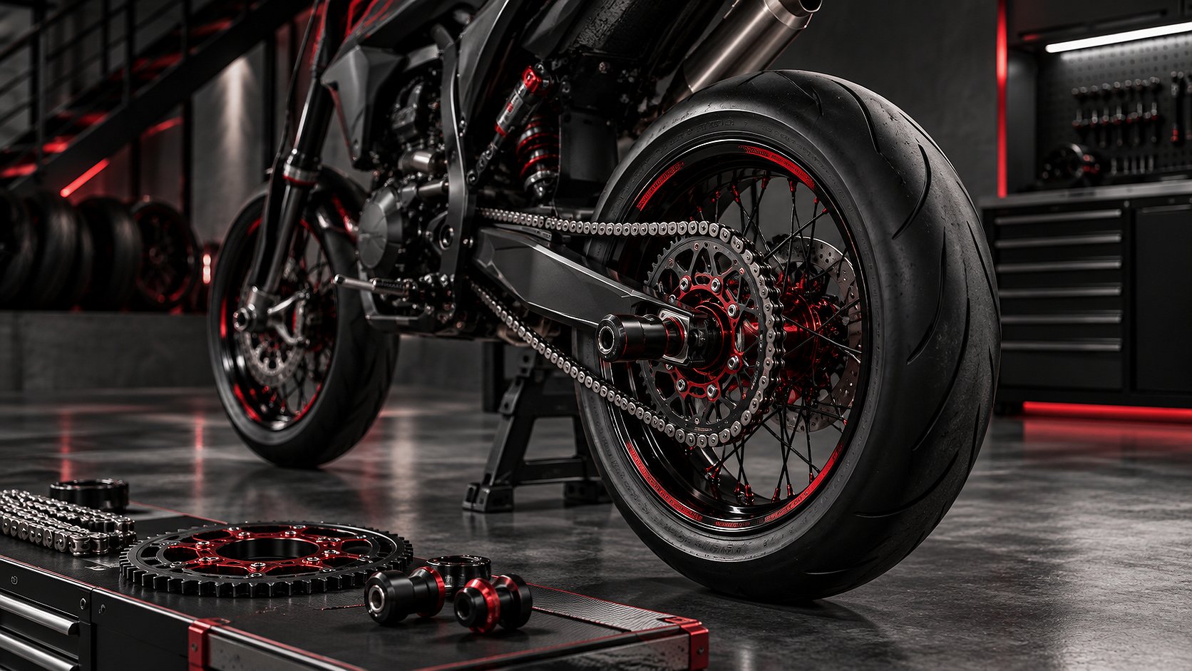 Supermoto-Hinterrad mit Kette, Kettenrad und Sturz-Pegs &ndash; Setup von Diller zusammenstellen lassen