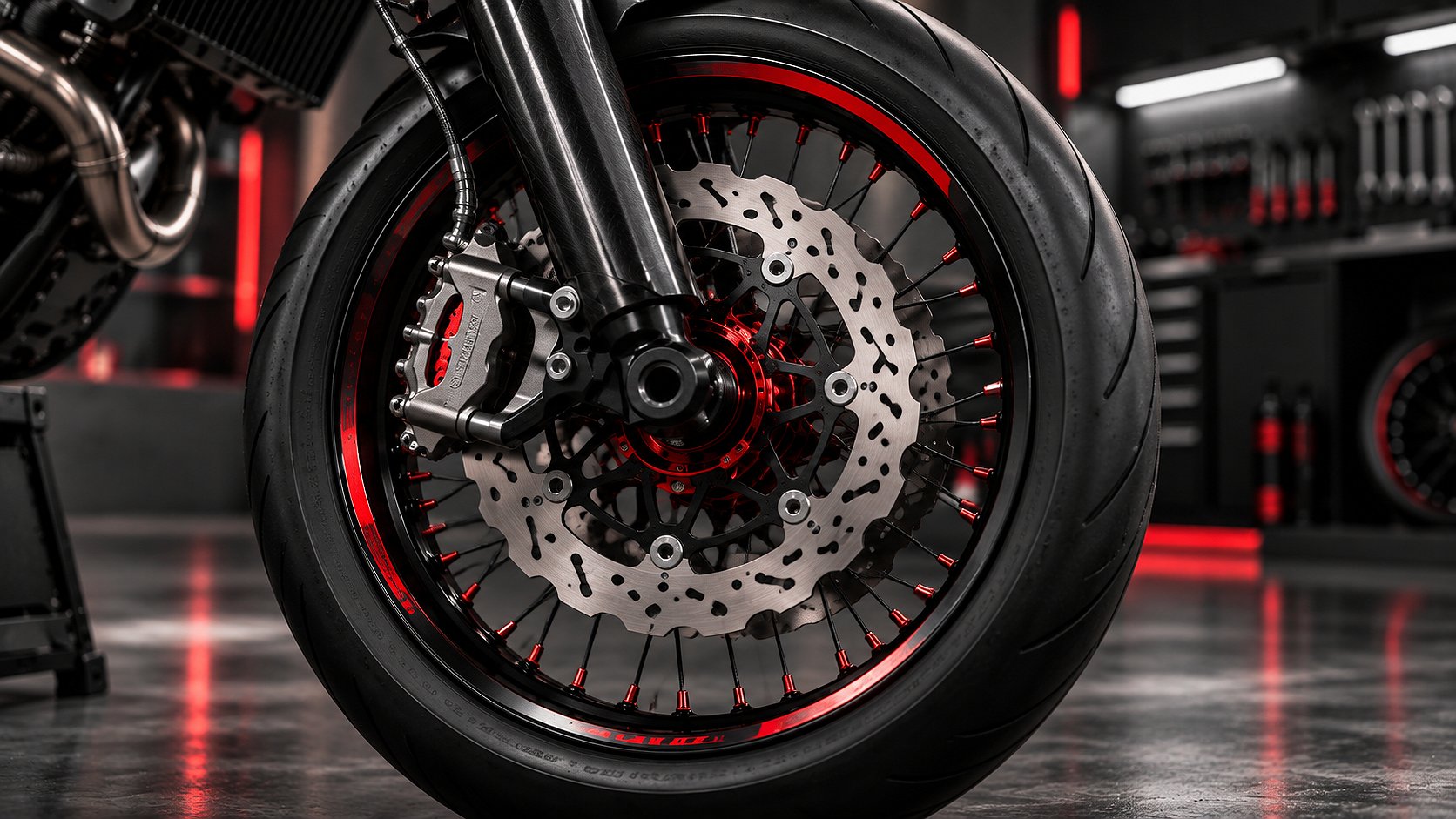 Supermoto-Radsatz mit schwarz-roten Speichenfelgen von Diller Powerparts