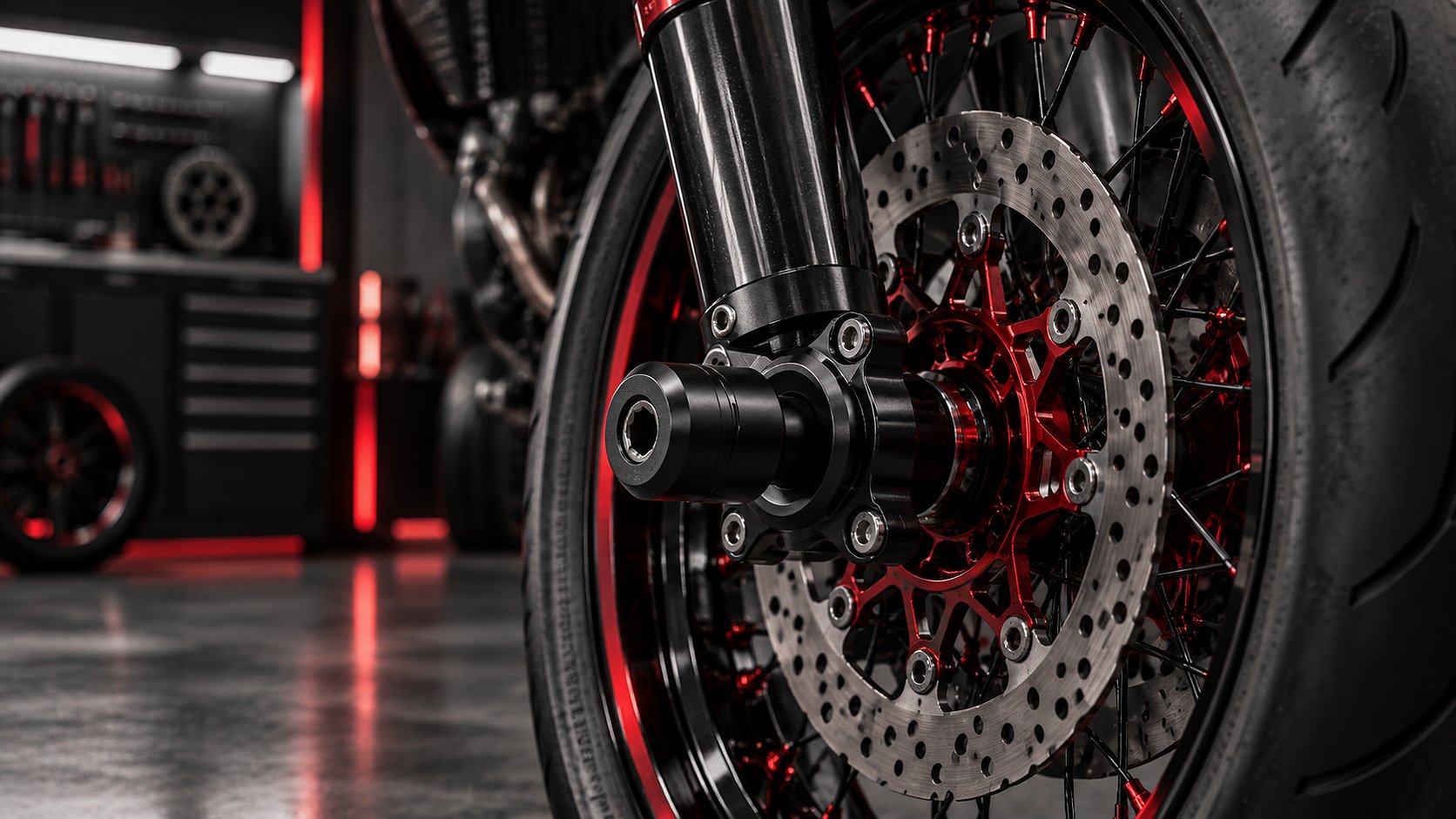 Sturz-Pegs in Schwarz an der Supermoto-Vorderachse